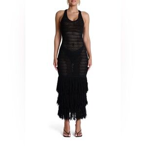 Naked Wardrobe Black Open Stitch Fringe Sleeveless Midi Dress Size Medium